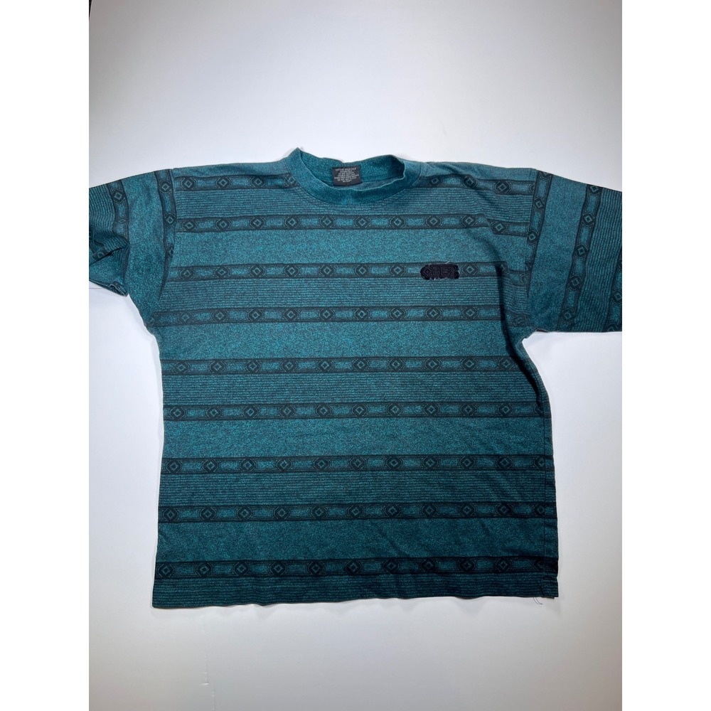 Obey T-Shirt Mens L Teal Black Geometric Stripe Short Sleeve Cotton Made in USA